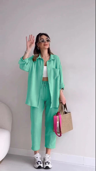 Pantolon Gömlek Keten Günlük İkili Takım Elbise - 2