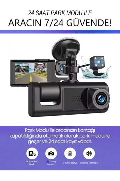 Araç İçi Wi-fi Güvenli Sürüş Kamerası Ön İç Arka 3 Kameralı G-sensör Mobil Uygulama İle Kolay İzleme - 3
