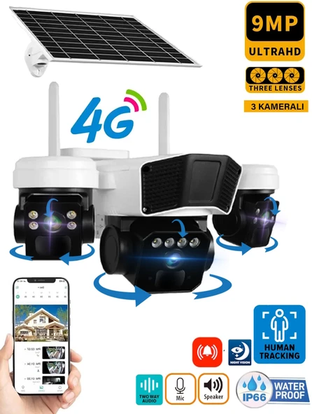 O-Kam 3936 9MP (3+3+3) Üç Kameralı UltraHD 4G Solar Akıllı Güvenlik Kamerası