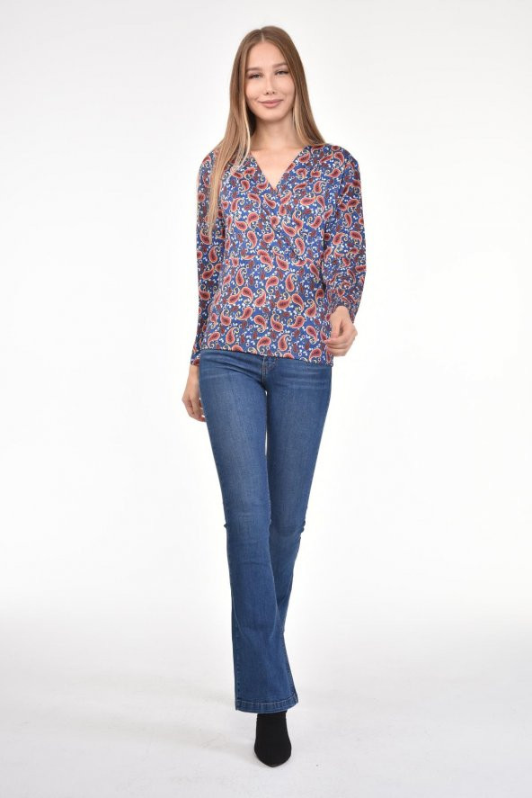 DRR Moda Mikro Kumaş V-Yaka Desenli Bluz - 12