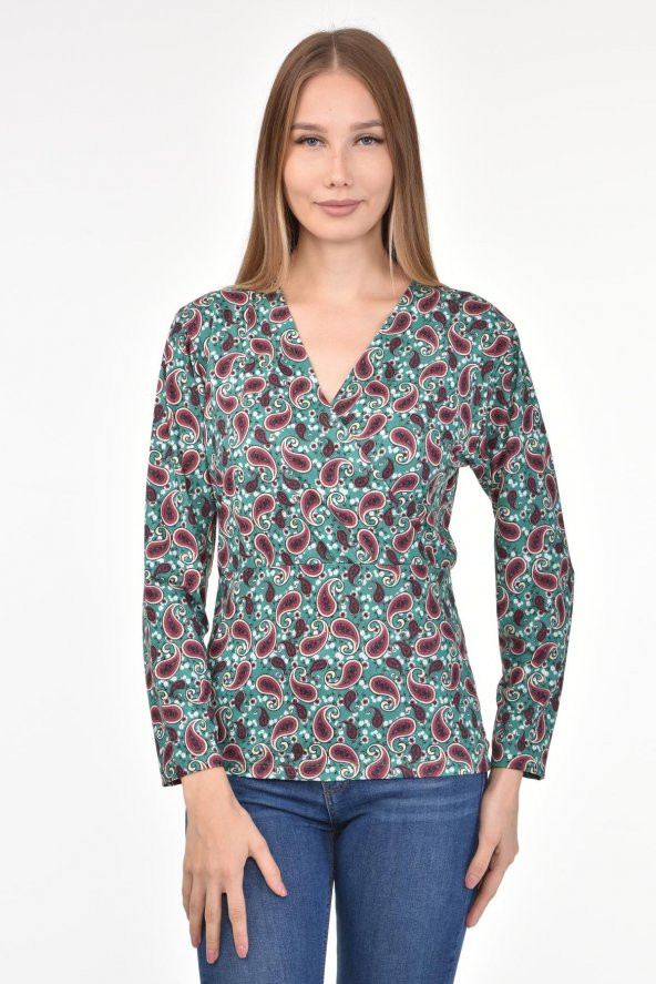 DRR Moda Mikro Kumaş V-Yaka Desenli Bluz - 3