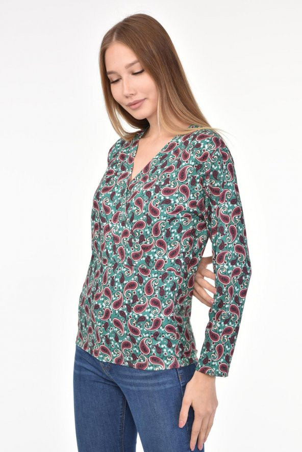 DRR Moda Mikro Kumaş V-Yaka Desenli Bluz - 5