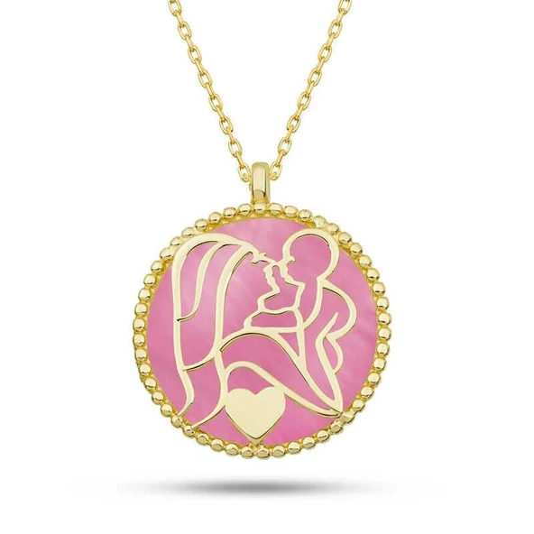 Kruvazör Gümüş Gold Pembe Sedef Taşlı Anne Çocuk Sevgisi Kolye