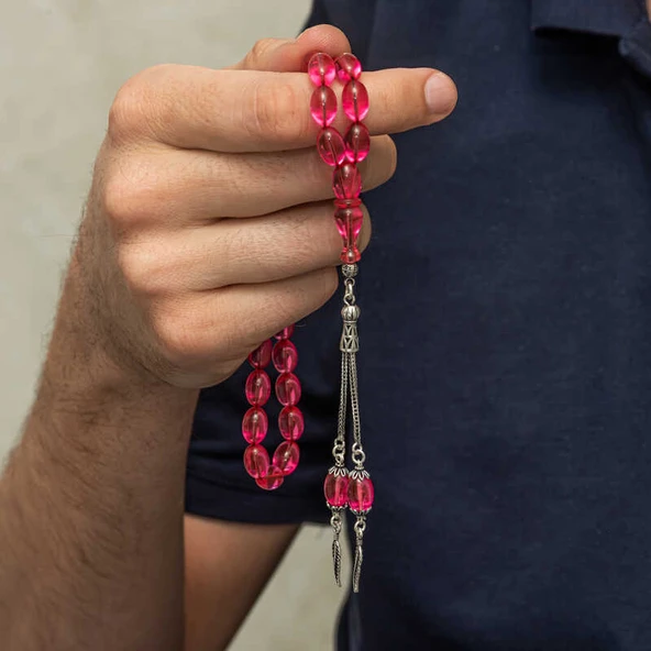 Gümüş Püsküllü Pembe Ateş Kehribar Tesbih - 4