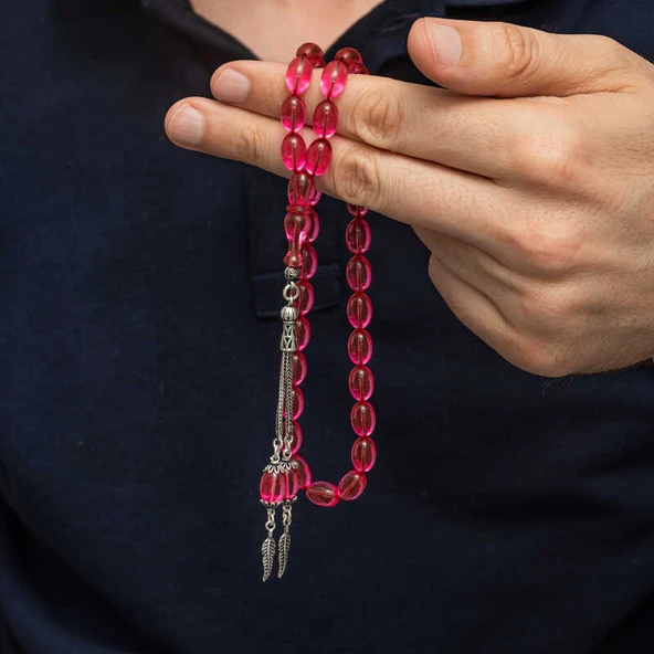 Gümüş Püsküllü Pembe Ateş Kehribar Tesbih - 2