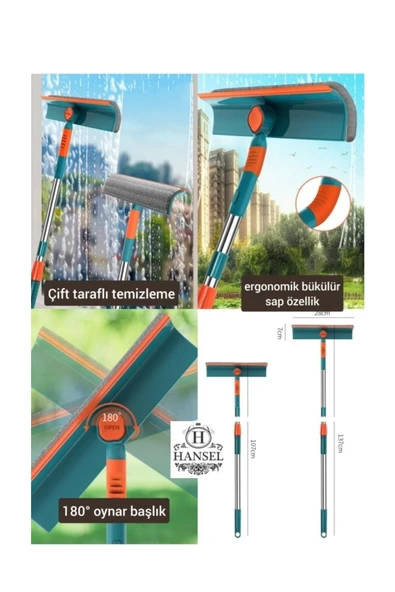 Teleskopik Çift Taraflı Pratik Cam Silme Aparatı Cam Temizleme Çubuk Pencere Temizleyici Silecek - 2