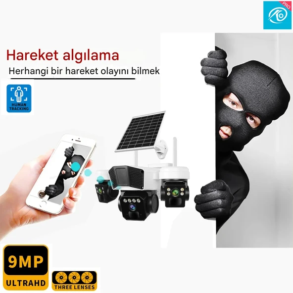 O-Kam 3936 9MP (3+3+3) Üç Kameralı UltraHD 4G Solar Akıllı Güvenlik Kamerası - 3
