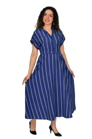 Kadın Beli Lastikli Çizgili Elbise BGL-ST04638 - Resim 5