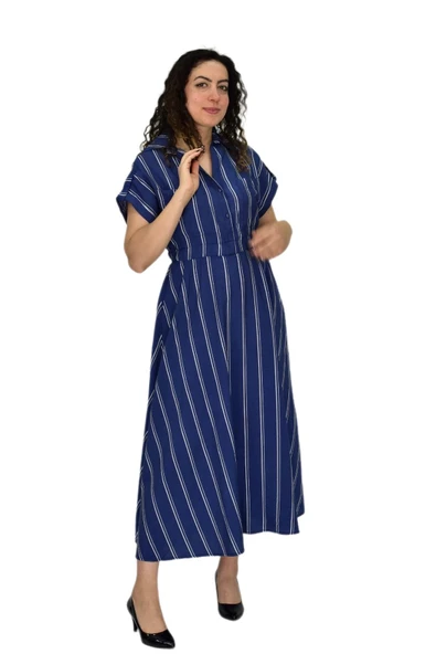 Kadın Beli Lastikli Çizgili Elbise BGL-ST04638 - Resim 3