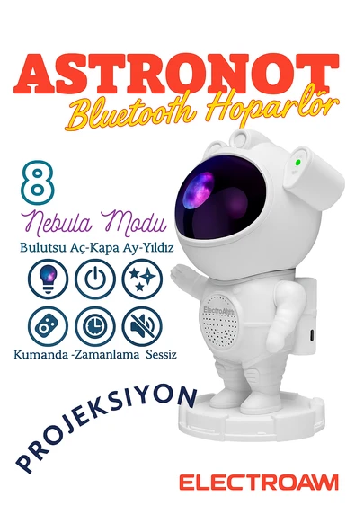 Astronot Tasarımlı Bluetooth Hoparlör Gece Lambası 8 Renkli Projeksiyon, Kumandalı