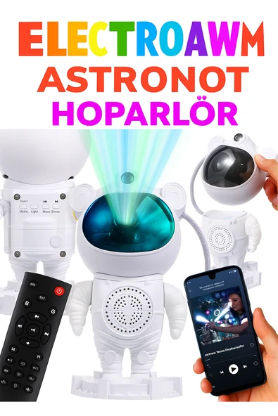 Astronot Tasarımlı Bluetooth Hoparlör Gece Lambası 8 Renkli Projeksiyon, Kumandalı - 4
