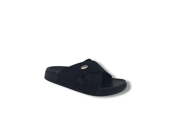 Elegance 25 Kadın Siyah Pırıltılı Çapraz Bantlı Günlük Kullanım Terlik - Resim 2