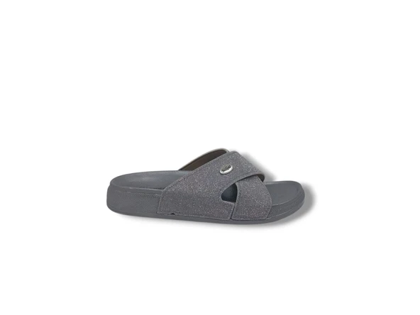 Elegance 25 Kadın Gri Pırıltılı Çapraz Bantlı Günlük Kullanım Terlik ürün görseli