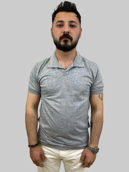 Erkek Bymn Düğmesiz Polo Yaka Gri Tişört