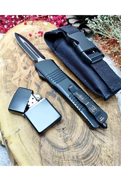 Süpertrend 23 cm komple çelik microtech kılıflı otomatik bıçak yanında zippo çakmak ile birlikte