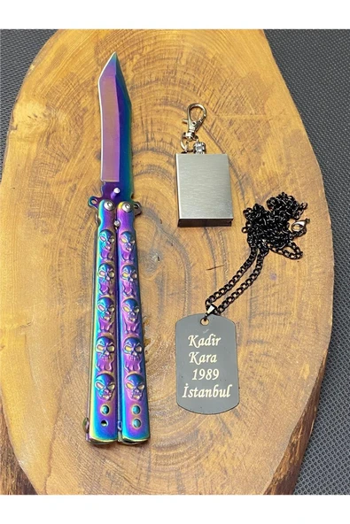 Süpertrend 21 cm Gökkuşağı Kelebek + Asker Künye + Kibrit Çakmak Seti