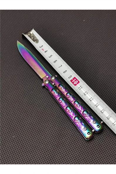 Kruvazör 17 cm Kuru Kafa Rainbow Gravürlü Kelebek Sallama Kamp Çakı Seti