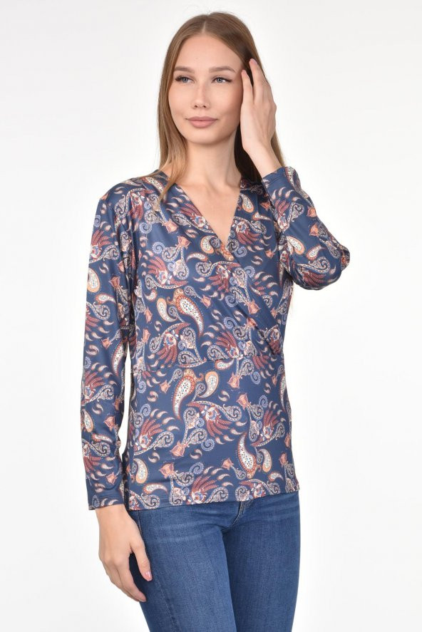 DRR Moda Mikro Kumaş V-Yaka Desenli Bluz - 2