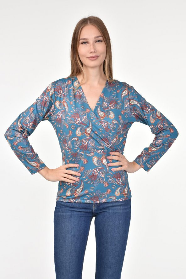 DRR Moda Mikro Kumaş V-Yaka Desenli Bluz - 5
