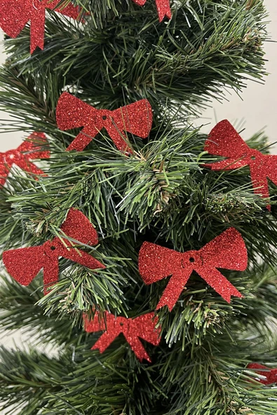Süpertrend  Kırmızı Fiyonk Simli Eva Ağaç Süsü 5,5x5,5cm 12li