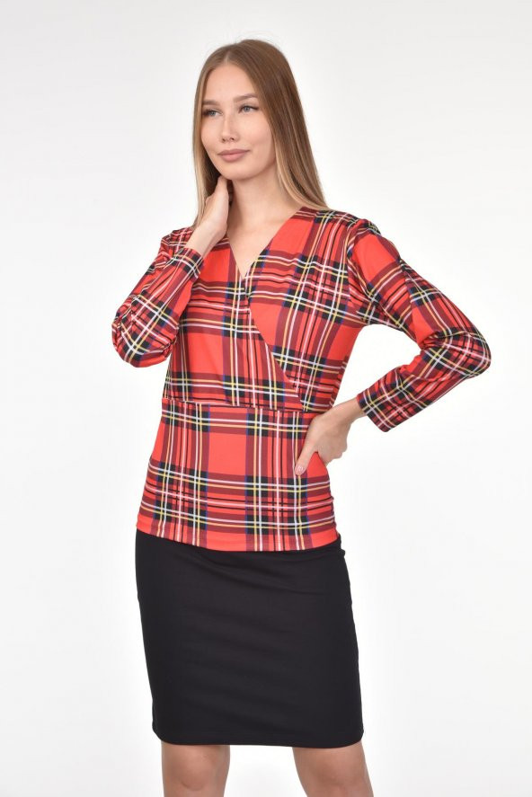 DRR Moda Mikro Kumaş V-Yaka Ekose Desenli Bluz - 3