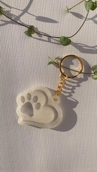 Çift Kalpli Pati Şekilli Sedefli Beyaz Renkli Gold Aksesuarlı Epoksi Anahtarlık El Yapımı Hediyelik - 3