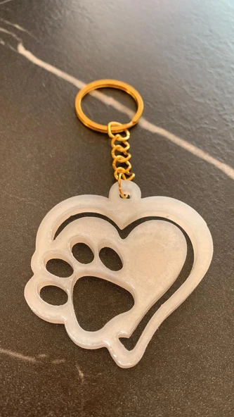 Çift Kalpli Pati Şekilli Sedefli Beyaz Renkli Gold Aksesuarlı Epoksi Anahtarlık El Yapımı Hediyelik - 8