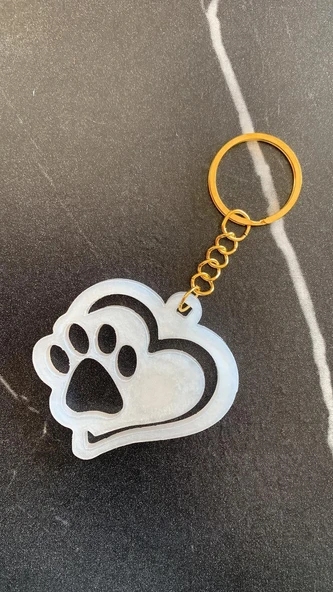 Çift Kalpli Pati Şekilli Sedefli Beyaz Renkli Gold Aksesuarlı Epoksi Anahtarlık El Yapımı Hediyelik - 4