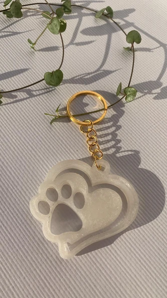 Çift Kalpli Pati Şekilli Sedefli Beyaz Renkli Gold Aksesuarlı Epoksi Anahtarlık El Yapımı Hediyelik - 7