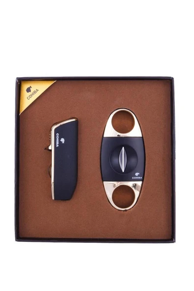Süpertrend Cohiba 3 Torch Çakmak V Kesici İkili Mat Siyah-Gold Puro Seti CST0212