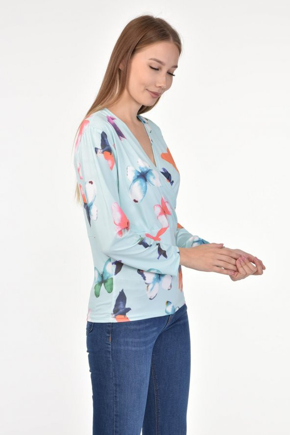 DRR Moda Mikro Kumaş V-Yaka Kelebek Desenli Bluz - 3