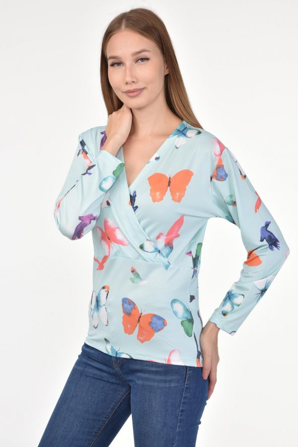 DRR Moda Mikro Kumaş V-Yaka Kelebek Desenli Bluz - 5