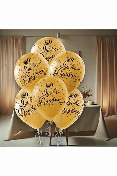 Süpertrend Siyah İyi Ki Doğdun Baskılı Metalik Altın Balon 12"