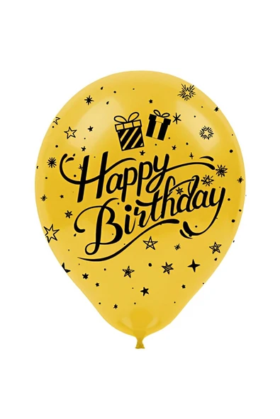 Süpertrend Siyah Happy Birthday Baskılı Metalik Altın Balon 12" - 2