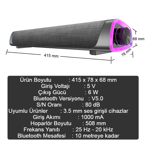 Bluetooth Hoparlör V8 Soundbar Güçlü Bas Kablolu TV Bilgisayar Uyumlu 6W - 2