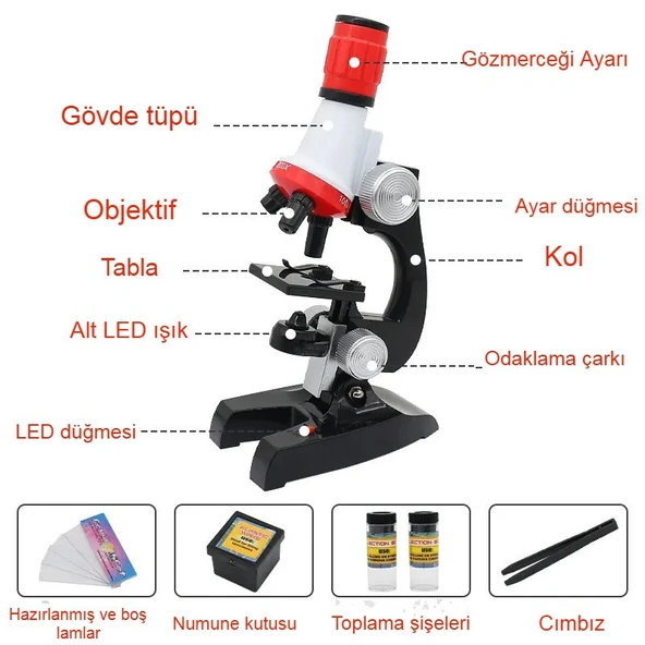 Eğitici Çocuk Mikroskop Kiti 100X 400X 1200X Zoom LED Işıklı Bilimsel Keşif Seti 12 Biyolojik Örnek - 5