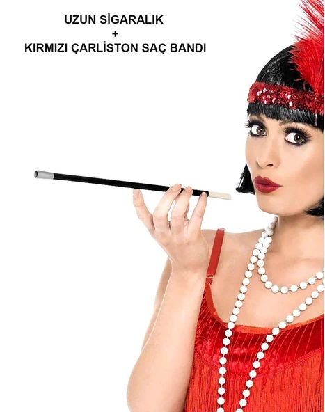 Kruvazör 1920'ler 1990'lar Gatsby Kadın Aksesuar Seti – Kırmızı Charleston Saç Bandı ve Sigaralık