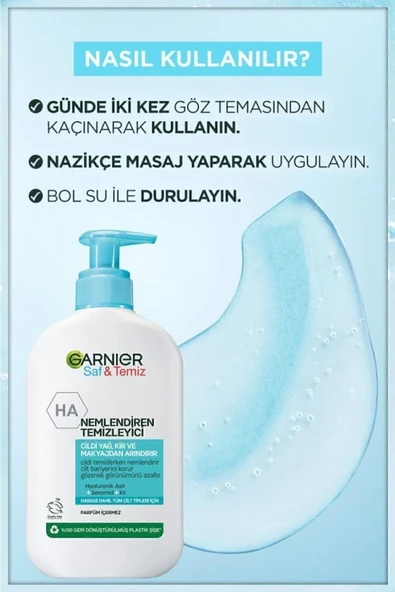 Garnier Saf& Temiz Nemlendiren Temizleyici [ Hyaluronik Asit Seramid Kil] 250 ml Yüz Temizleme Jeli - Resim 5