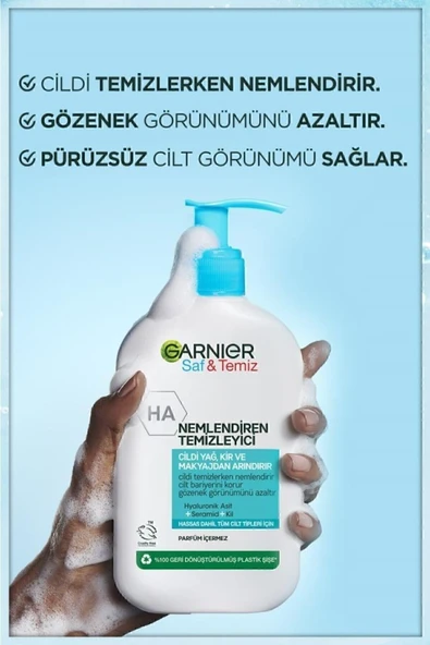 Garnier Saf& Temiz Nemlendiren Temizleyici [ Hyaluronik Asit Seramid Kil] 250 ml Yüz Temizleme Jeli - Resim 3