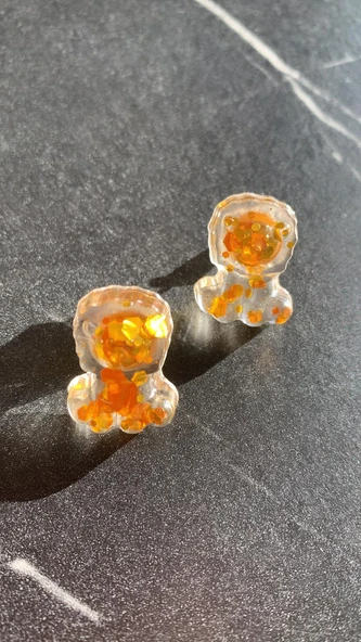 Şeffaf Gold Glitter Süslemeli Aslan Şekil Gold Aksesuarlı Epoksi Küpe El Yapımı Hediyelik - 8