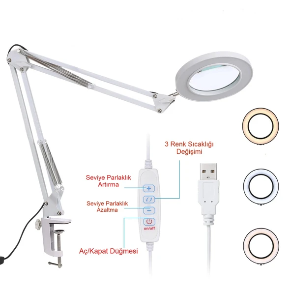 Katlanabilir Büyüteç Çok İşlevli 5/ 8X Işıklı LED Aydınlatmalı Masa Lambası USB Bağlantılı - 3