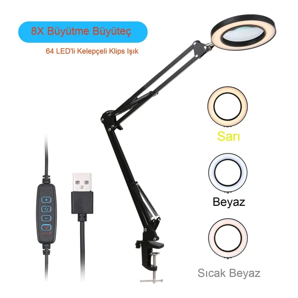 Katlanabilir Büyüteç Çok İşlevli 5/ 8X Işıklı LED Aydınlatmalı Masa Lambası USB Bağlantılı - 2