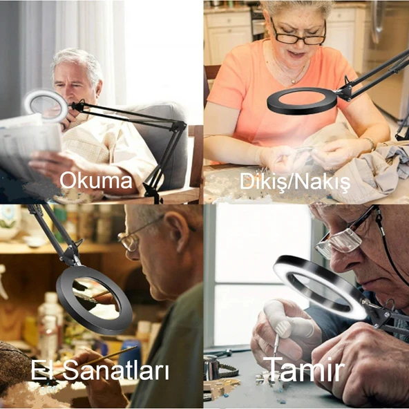 Katlanabilir Büyüteç Çok İşlevli 5/ 8X Işıklı LED Aydınlatmalı Masa Lambası USB Bağlantılı - 7