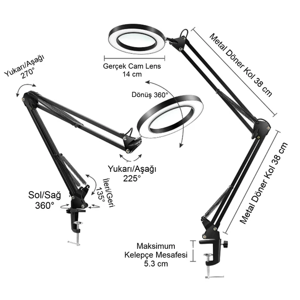 Katlanabilir Büyüteç Çok İşlevli 5/ 8X Işıklı LED Aydınlatmalı Masa Lambası USB Bağlantılı - 6
