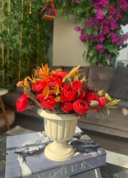 Nettenevime Yapay Çiçek Krem Antik Saksıda Kırmızı Erengül 23cm - Resim 5