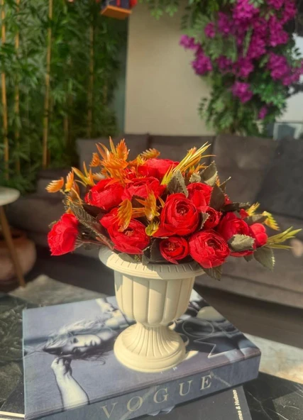 Nettenevime Yapay Çiçek Krem Antik Saksıda Kırmızı Erengül 23cm - Resim 6