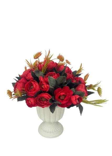 Nettenevime Yapay Çiçek Krem Antik Saksıda Kırmızı Erengül 23cm - Resim 4