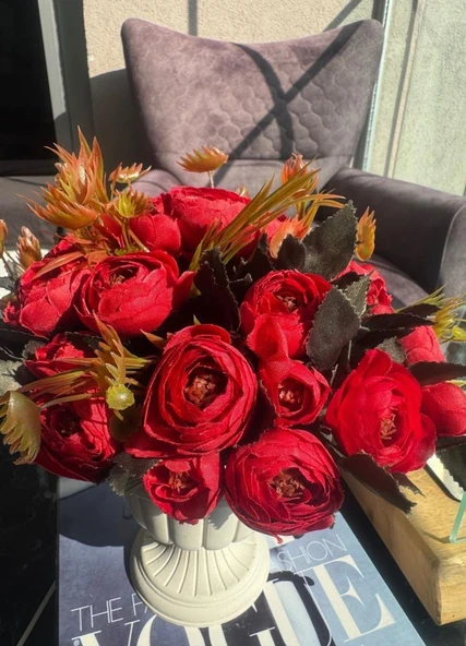 Nettenevime Yapay Çiçek Krem Antik Saksıda Kırmızı Erengül 23cm - Resim 7