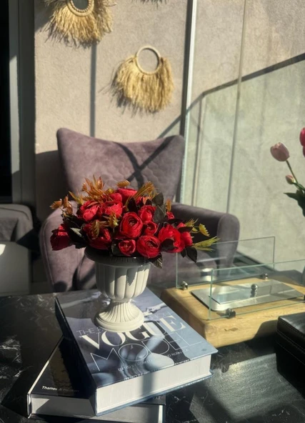 Nettenevime Yapay Çiçek Krem Antik Saksıda Kırmızı Erengül 23cm - Resim 8