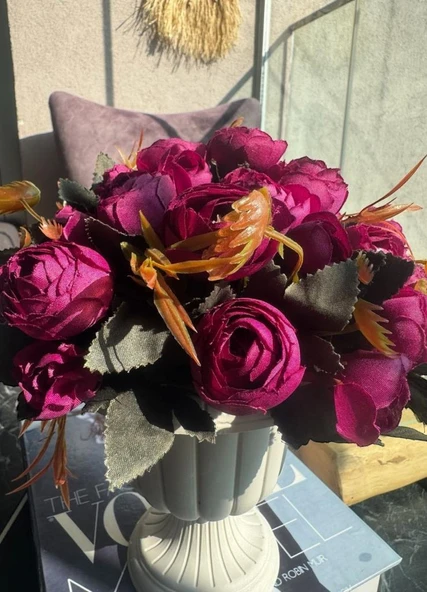 Nettenevime Yapay Çiçek Krem Antik Saksıda Mor Erengül 23cm - Resim 5